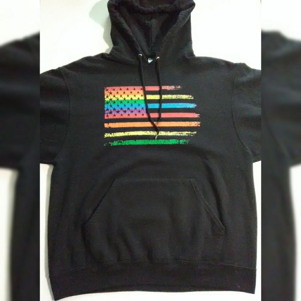 Vintage Rainbow Pride American Flag Black Hoodie